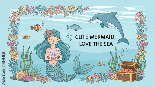 Beautiful mermaid with blue hair holds a pink seashell in an enchanting underwater world with a dolphin and treasure chest.