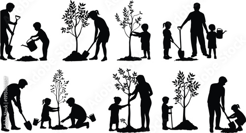 Family Tree Planting and Gardening Silhouettes Collection, Parents and Children Outdoor Reforestation Activity, Environmental Conservation Vector Illustration Set
