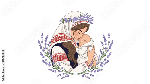 Loving mother in traditional attire tenderly holds her sleeping baby surrounded by a beautiful wreath of purple lavender flowers.