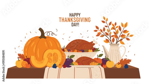 Abundant thanksgiving day feast featuring a roasted turkey, large pumpkin, various fruits, and seasonal autumn branches on a table.