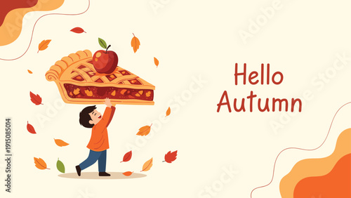 Cheerful young boy carries a massive slice of delicious apple pie as colorful golden autumn leaves fall gently all around him.