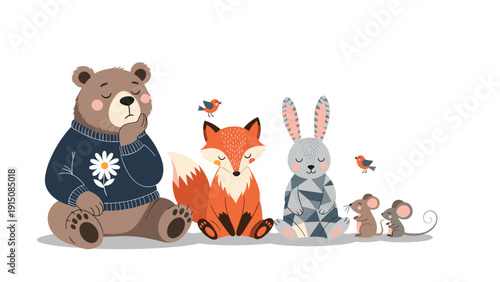 Adorable forest animals including a bear in a sweater, a fox, a rabbit, and two little mice sit together in a row.