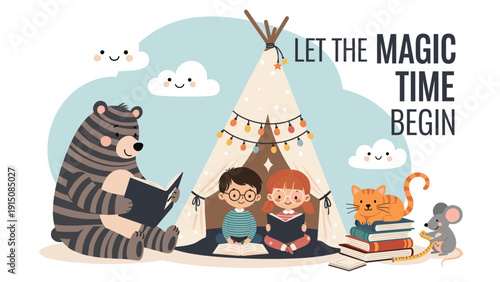 Friendly bear and two children enjoy a magical reading time inside a cozy teepee tent with their pet cat and mouse.