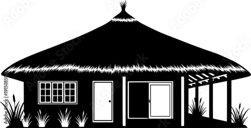 Tropical Thatched Hut Silhouette - Coastal Island Bungalow and Travel Destination Vector
