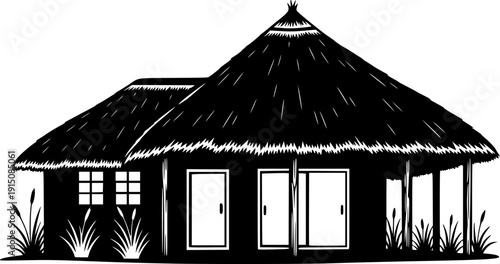 Tropical Thatched Hut Silhouette - Coastal Island Bungalow and Travel Destination Vector