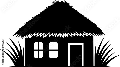 Tropical Thatched Hut Silhouette - Coastal Island Bungalow and Travel Destination Vector