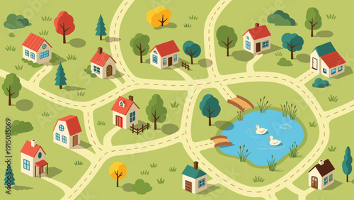 Charming isometric map of a small village with cozy red roofed houses, winding roads, green trees, and a duck pond.