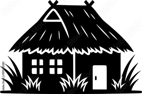 Tropical Thatched Hut Silhouette - Coastal Island Bungalow and Travel Destination Vector
