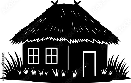 Tropical Thatched Hut Silhouette - Coastal Island Bungalow and Travel Destination Vector