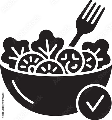 A bowl of healthy vegetables with a fork and a checkmark indicating approval. isolated on white background, illustration
