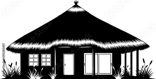 Tropical Thatched Hut Silhouette - Coastal Island Bungalow and Travel Destination Vector