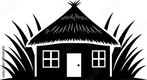 Tropical Thatched Hut Silhouette - Coastal Island Bungalow and Travel Destination Vector