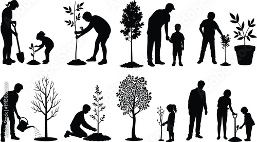 Family Tree Planting Silhouette Set, Parents and Children Gardening and Watering Plants, Environmental Conservation and Reforestation Vector Illustration Collection