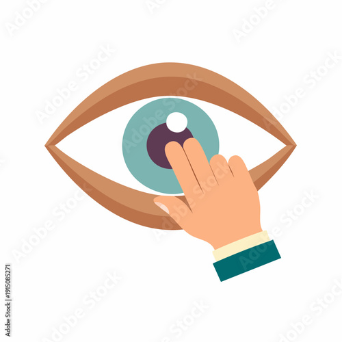 Hand touching eye, concept of vision, sight, or perception.