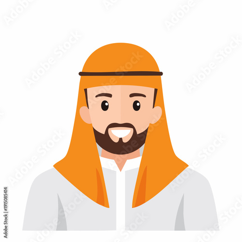 Smiling Middle Eastern man in traditional attire, flat vector illustration