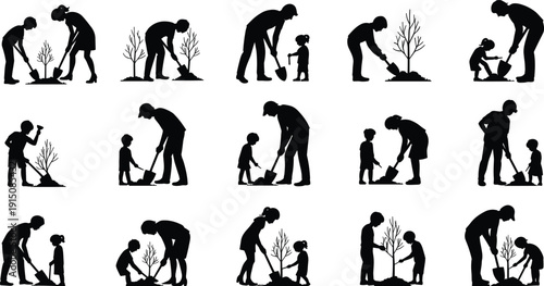 Family tree planting silhouettes collection set, parents and children gardening together in growth stages concept, black vector illustration isolated on white background