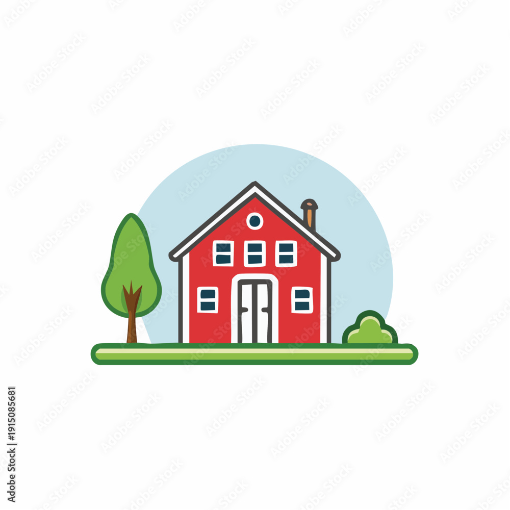 Fototapeta premium Cartoon illustration of a red house with a tree and bushes