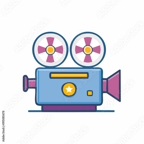Cartoon illustration of a vintage movie camera on a white background