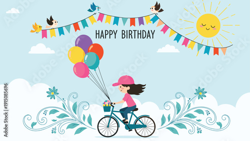 Joyful girl rides her bicycle decorated with a basket of flowers and a bunch of colorful balloons for her birthday celebration.