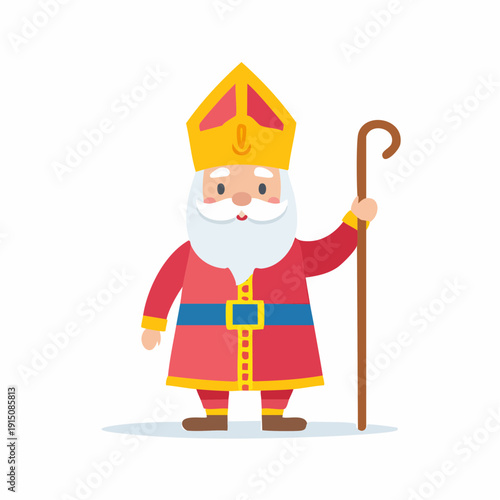 Cartoon bishop character with a long white beard holding a staff, cartoon saint illustration