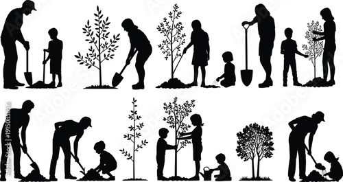 Family Tree Planting Silhouette Collection, Parents and Children Gardening Together, Environmental Conservation and Reforestation Vector Illustration Isolated on White Background