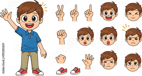 Cartoon boy character kit with various facial expressions, hand gestures, and body parts for animation or storytelling isolated on white