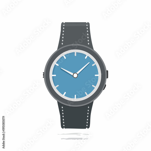 Modern wristwatch with blue watch face and grey strap, isolated on white