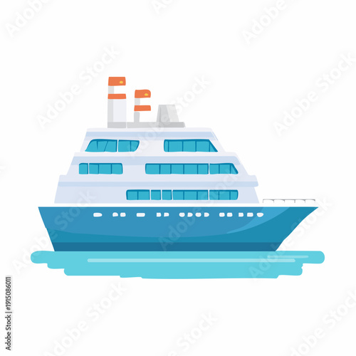 Cartoon illustration of a blue cruise ship sailing on the sea