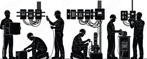 Black silhouette illustration of industrial electricians and technicians working on electrical panels machinery and equipment in a factory or workshop setting