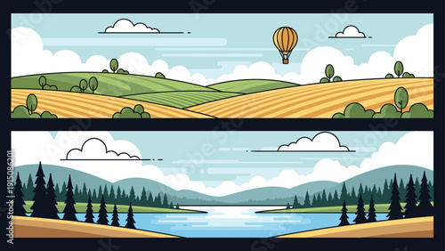 Pixel art banners showcase a serene countryside landscape with rolling hills and a peaceful forest lake scene.