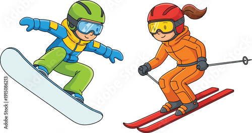 Cartoon illustration of a young boy snowboarding and a girl skiing downhill wearing colorful winter gear and safety helmets isolated