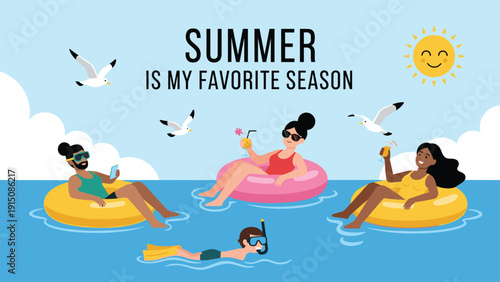 People enjoy a fun summer day floating on colorful inflatable rings in the ocean under a bright smiling sun.