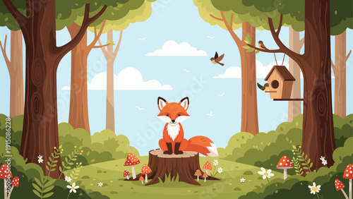 Adorable little fox sits peacefully on a tree stump in the middle of a lush green forest filled with mushrooms.
