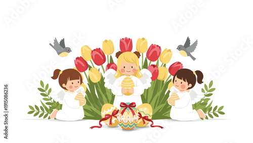 Group of little angels celebrates easter with decorated eggs and a lush bouquet of colorful spring tulips and birds.