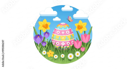 Colorful easter cake with flowers and butterflies in a sunny meadow with blue sky and white clouds