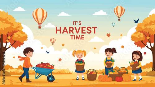 Children work together to harvest pumpkins and apples in a beautiful autumn field with hot air balloons in the sky.