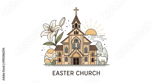Easter church with cross lilies and sunrise symbolizing hope and renewal on a white background