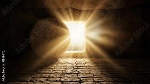 Empty cave tomb with bright light shining from open entrance. Ressurection day concept for Christianity Easter holiday. Religion, hope, life.