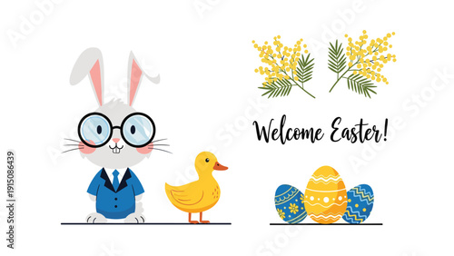 Easter bunny in a dapper suit and glasses stands with a yellow duckling and decorated eggs for the spring holiday.