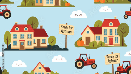 Seamless pattern features cozy farmhouses and red tractors ready for autumn with large pumpkins and bright clouds.