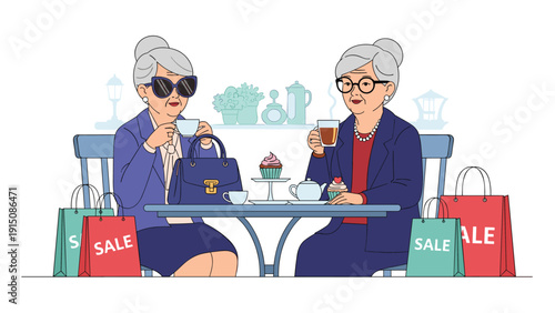 Two fashionable elderly women enjoy tea and cakes at a cafe after a successful day of shopping during a big sale.
