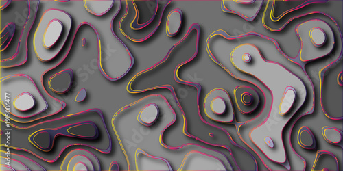 Abstract topographic map style background with layered contours in shades of gray, highlighted by vibrant yellow, pink, and purple outlines and subtle shadows