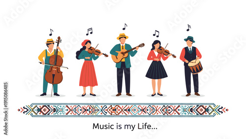 Traditional folk musicians play instruments like the cello and violin with passion in a vibrant celebration of music.