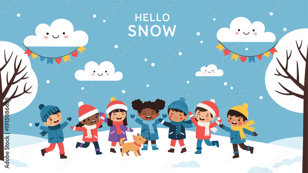 Fototapeta premium Diverse group of children and a dog play happily in a winter wonderland filled with snow and smiling clouds.