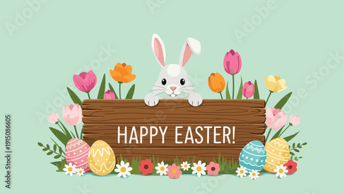 Cute easter bunny peeks over a wooden sign to wish everyone a happy holiday amid blooming spring flowers and eggs.