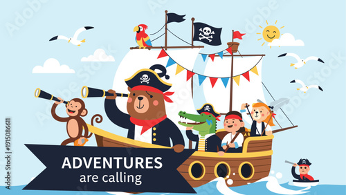 Brave animals and children set sail on a pirate ship adventure across the sea with seagulls and a bright sun.