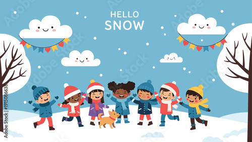Diverse group of children and a dog play happily in a winter wonderland filled with snow and smiling clouds.