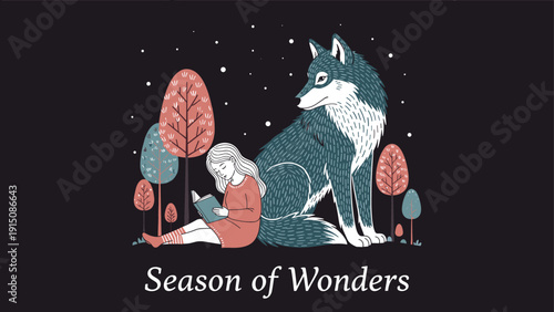 Young girl finds magic in her book while leaning against a large protective wolf in a moonlit forest at night.