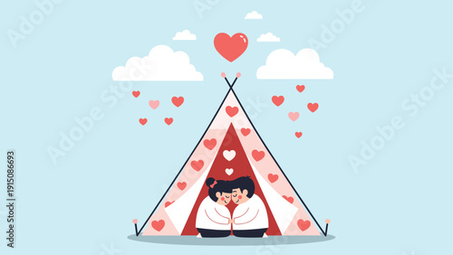 Young couple shares a romantic moment inside a teepee tent during a rain of hearts under a clear blue sky.