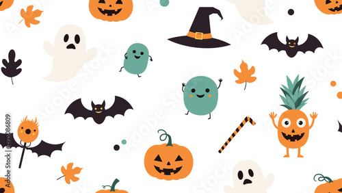 Halloween seamless pattern with ghosts, pumpkins, bats, witch hats, and a funny pineapple wearing a spooky mask.